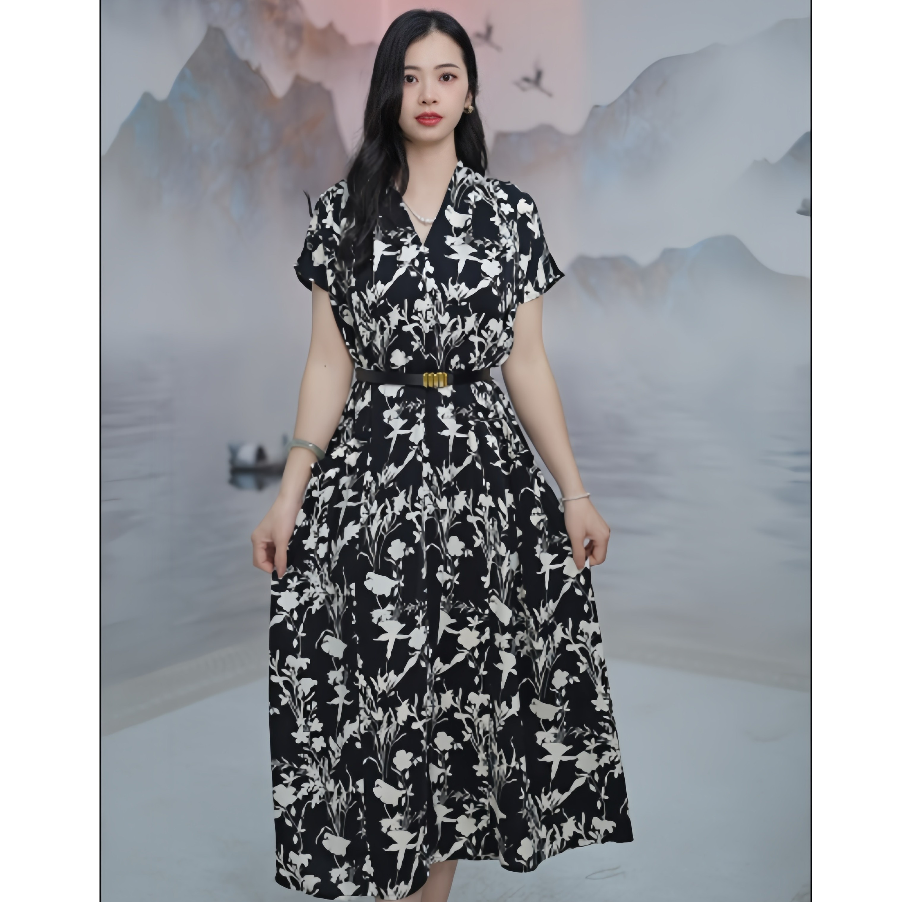 2601  法式2024夏季时尚高端V领收腰显瘦中长款连衣裙