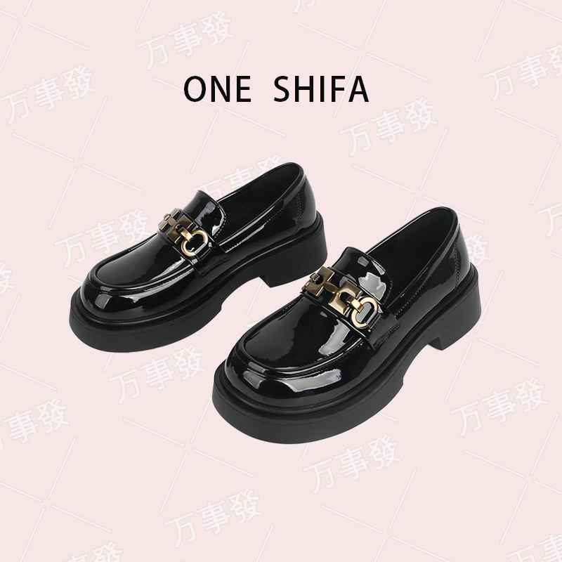2025春上新赫尔本花园圆头金扣厚底乐福鞋女小黑色皮鞋春粗跟时尚