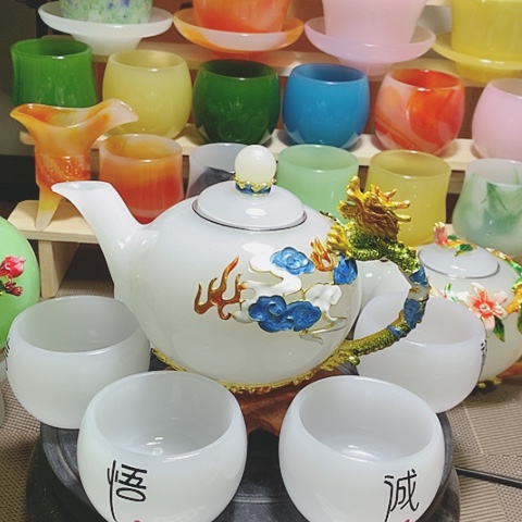 羊脂玉瓷琉璃中式龙腾盛世一壶六杯礼盒套装