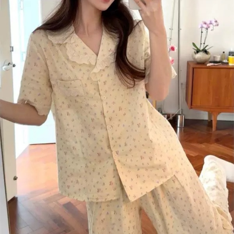 2025年套装女士蕾丝花边娃娃领碎花睡衣夏季可外穿裤两件套家居服