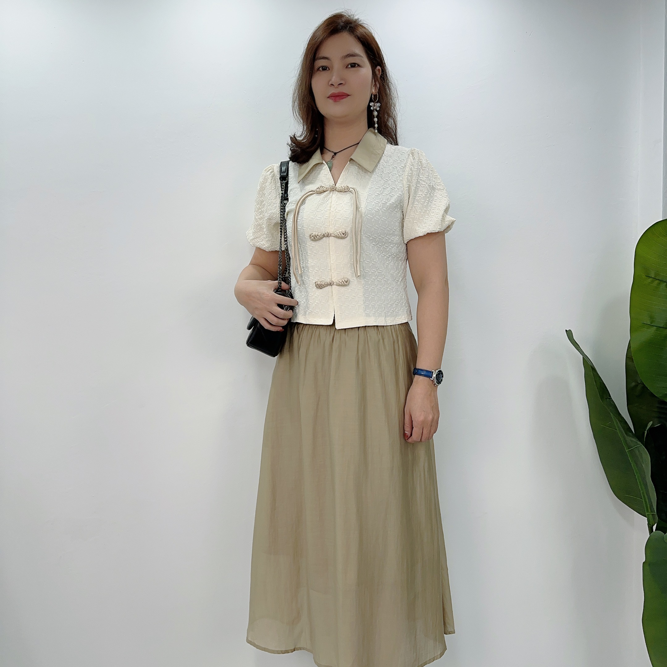 时尚新款66202中式国风盘扣上衣半身裙两件女