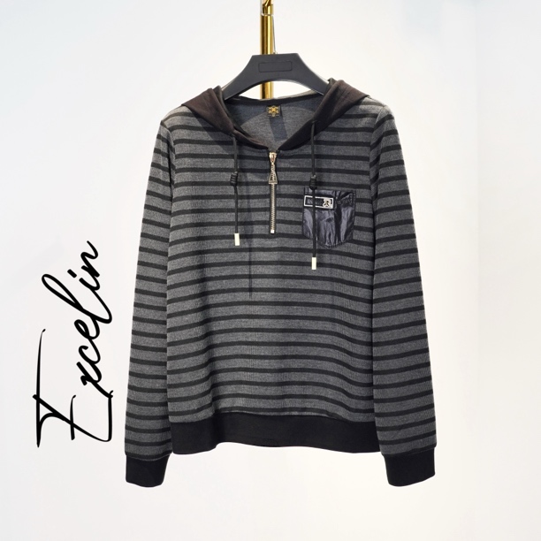 断码孤品A60【黑灰条纹连帽卫衣】时尚显瘦减龄洋气套头卫衣女上衣