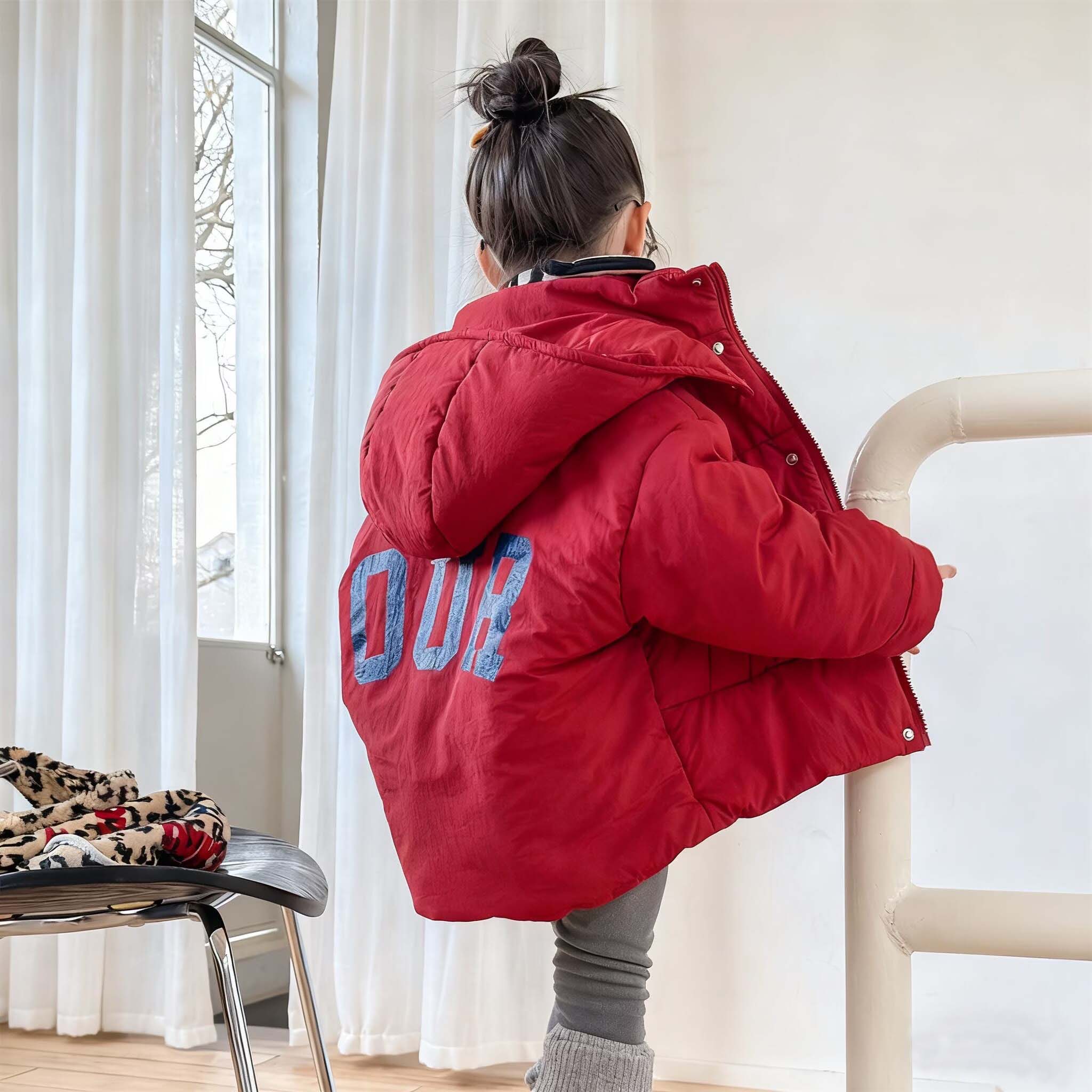 冬款儿童韩版面包服连帽加厚保暖字母棉衣棉服男女童餐套上衣2025