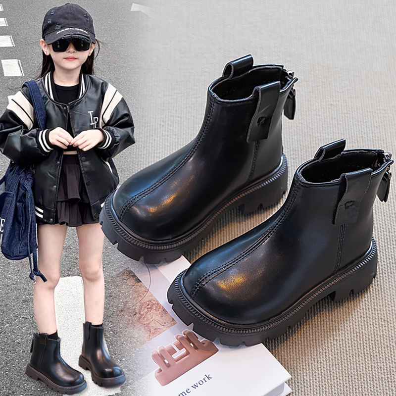 ABC女童马丁靴2025秋冬新款儿童时尚短靴小女孩黑色加绒靴子学生