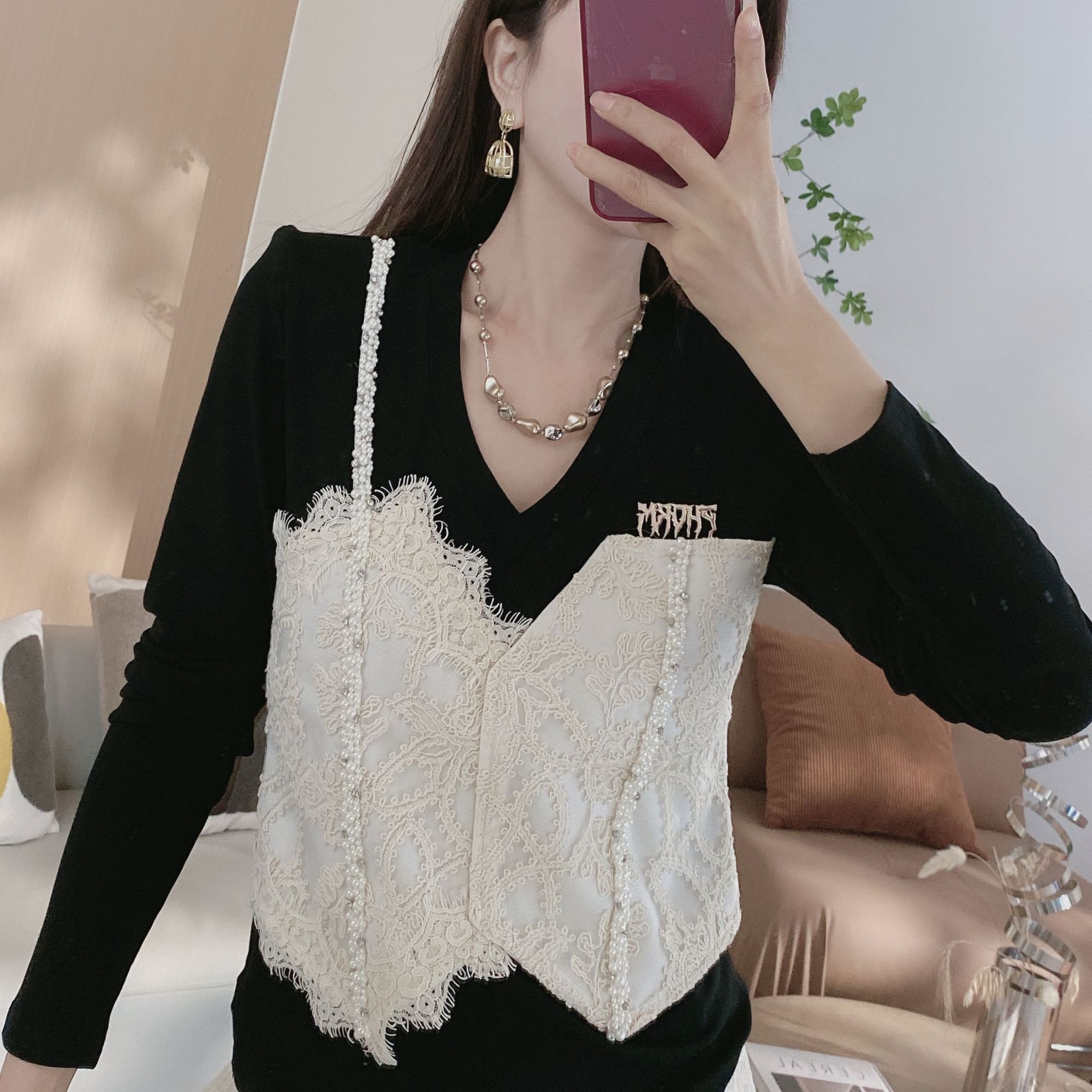蕾丝吊带马甲上衣7962