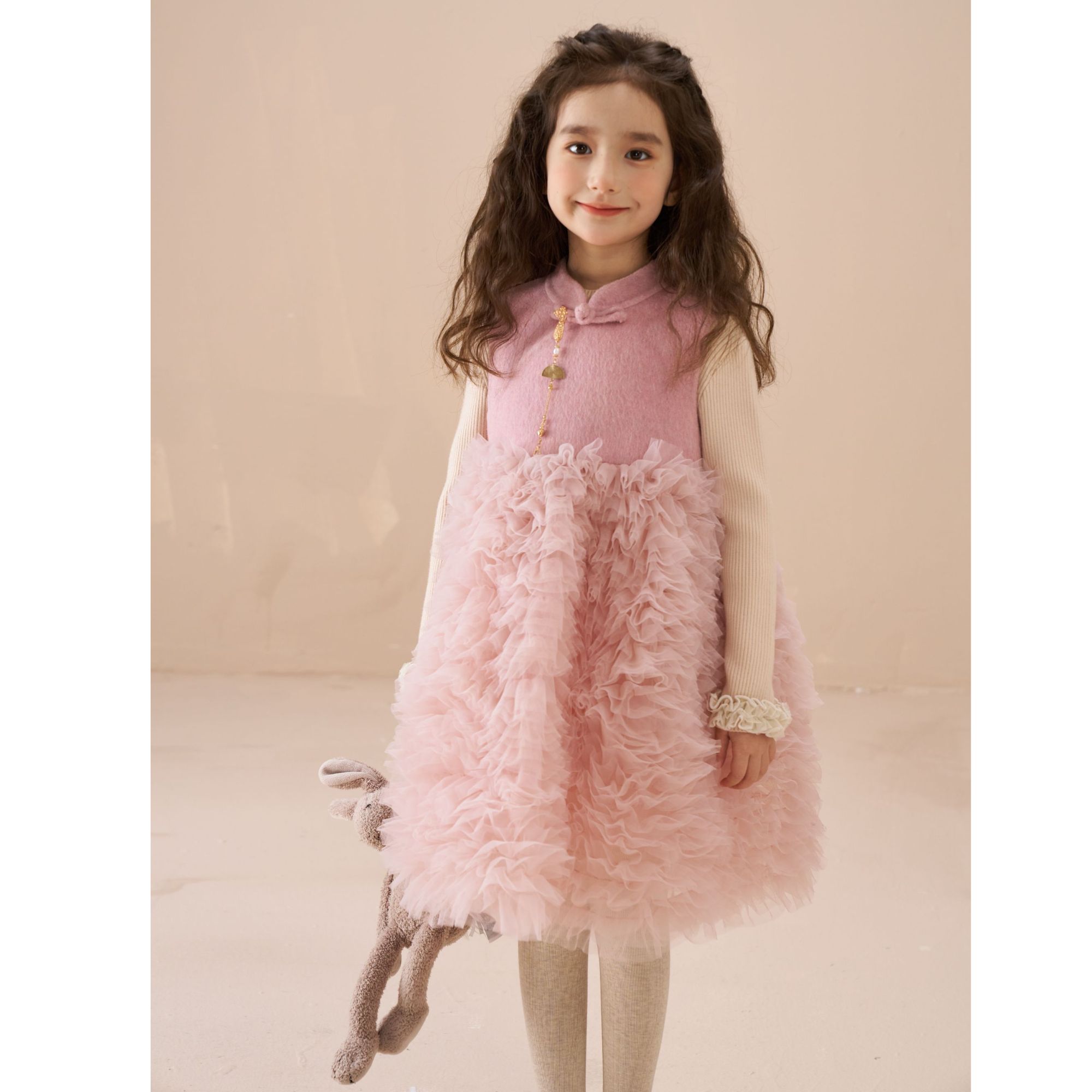 泡芙定制 2024冬季粉色女童双面纯手工绵羊毛纱裙连衣裙 DY241210