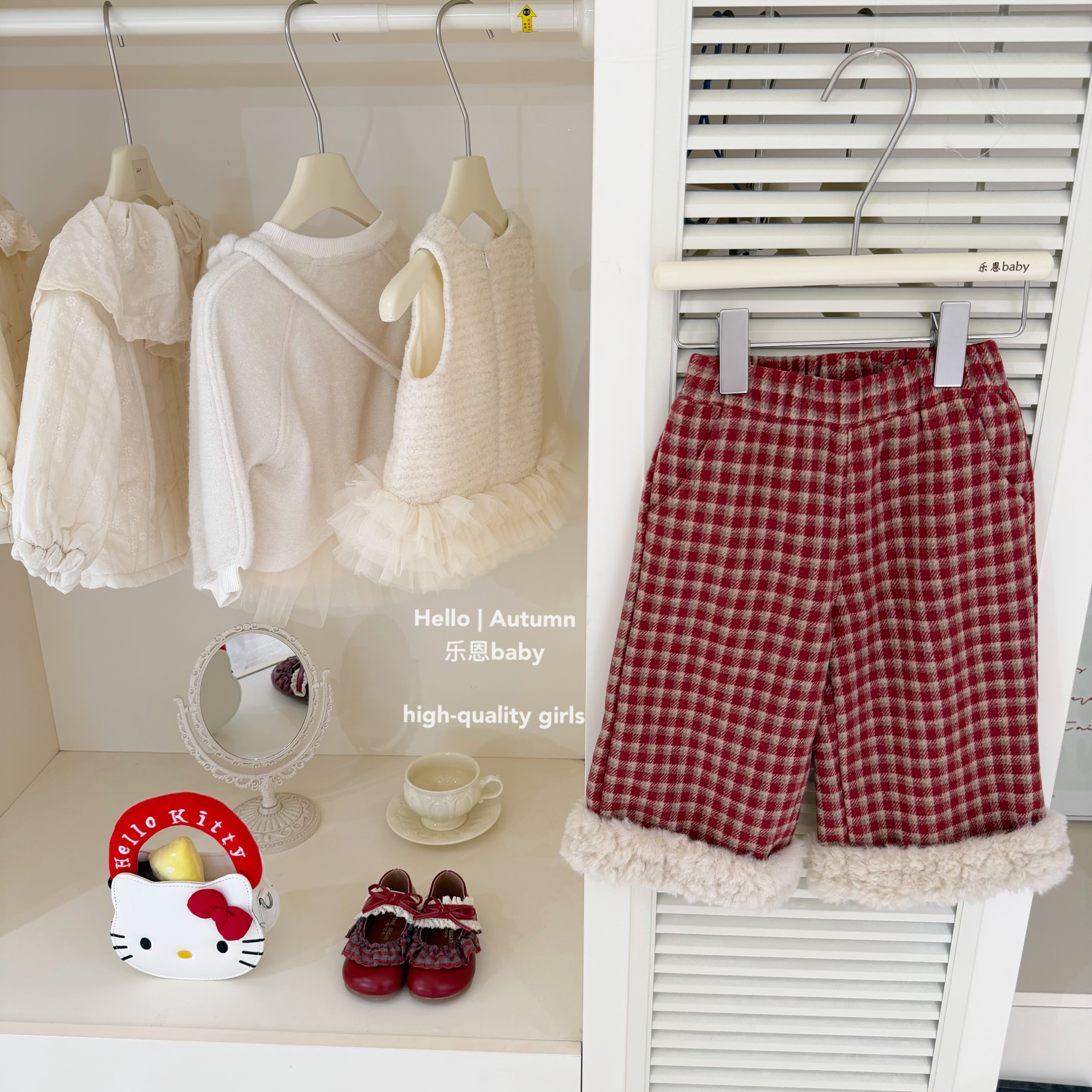 【乐恩童装】原创设计冬季女童红色格子加绒裤保暖韩版毛毛休闲裤