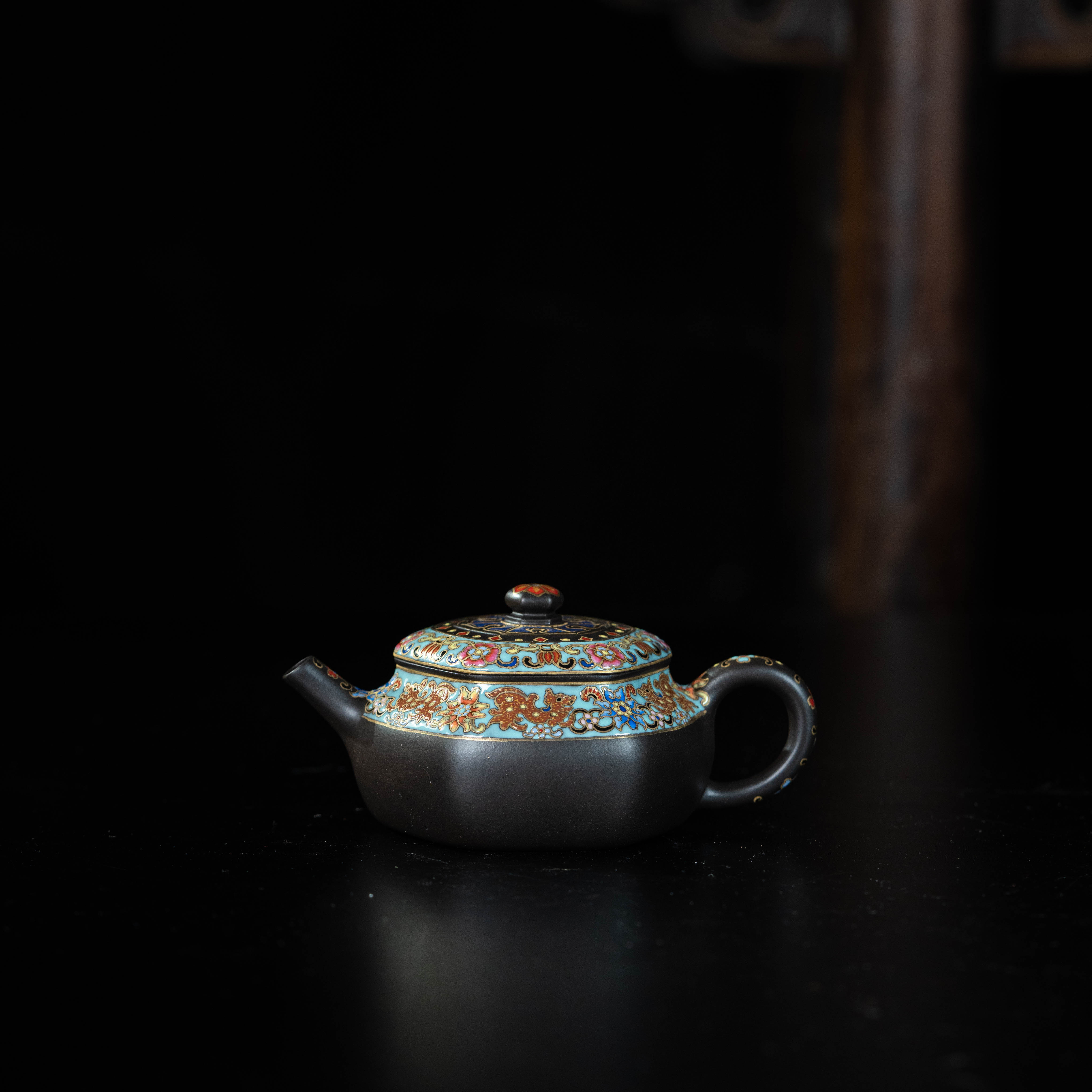 【合仲】珐琅六方如意 景泰蓝双龙牡丹纹如意纹150cc家用紫砂茶壶