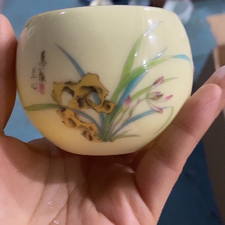 摆件陶黄稀土兰花描金圆杯