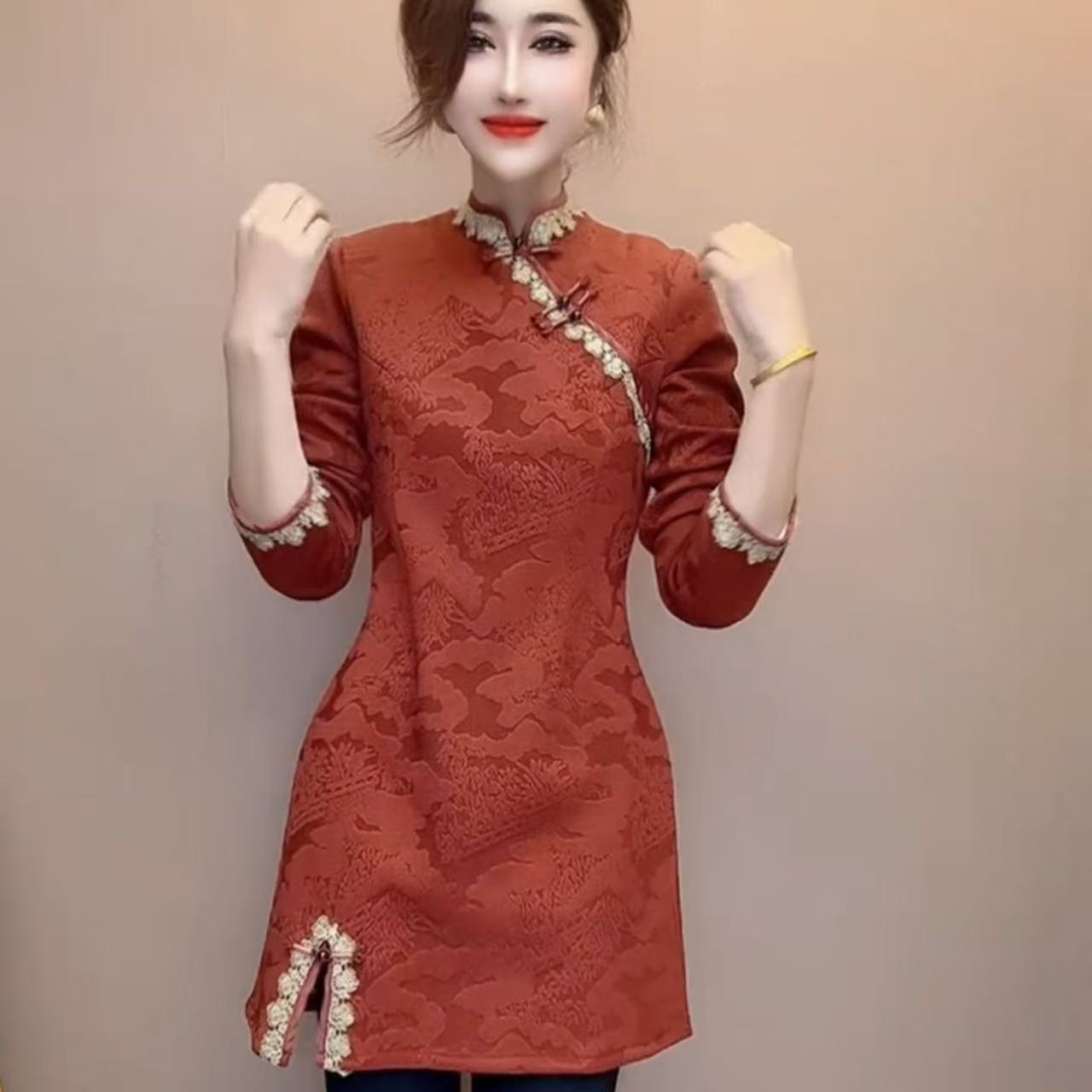 冬季立领气质提花旗袍裙国风盘扣复古休闲裙加绒保暖百搭连衣裙