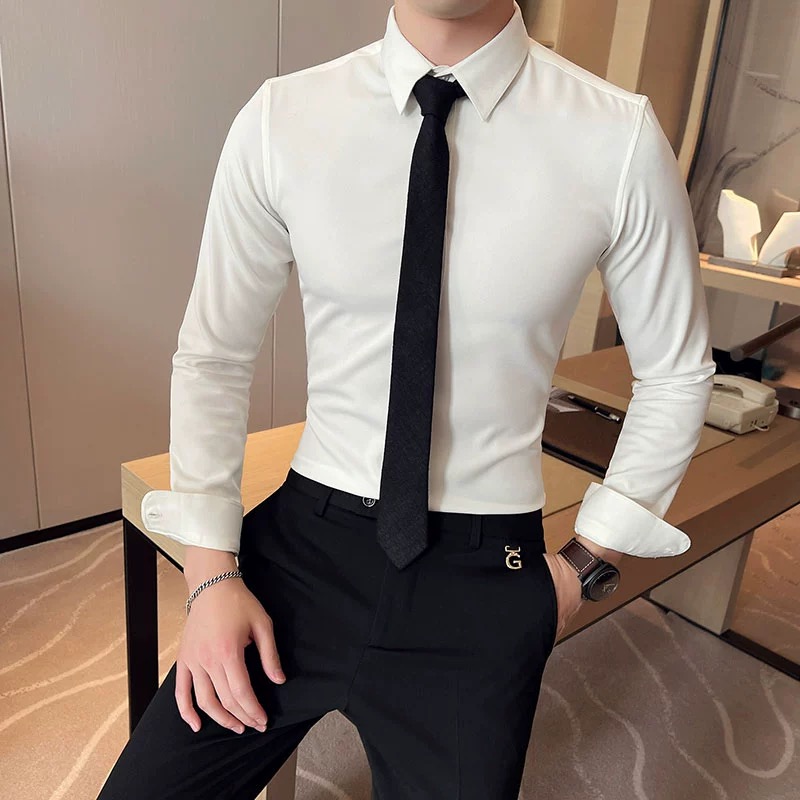 痞帅长袖男士衬衫职业韩版修身时尚纯色衬衣休闲百搭结婚商务英伦