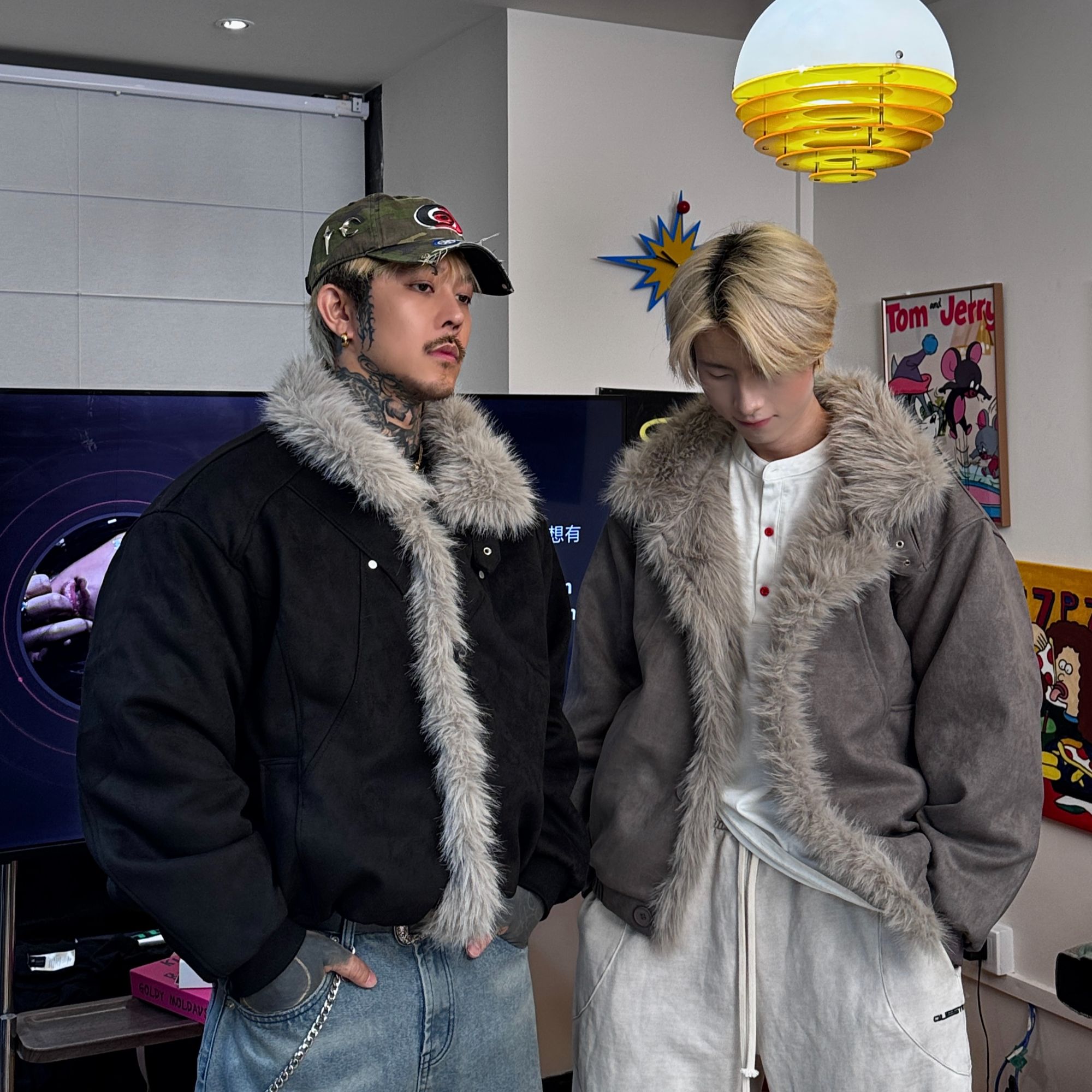 白鹤大人复古街头座山雕工装毛领棉服男冬季宽松加绒加厚保暖棉衣