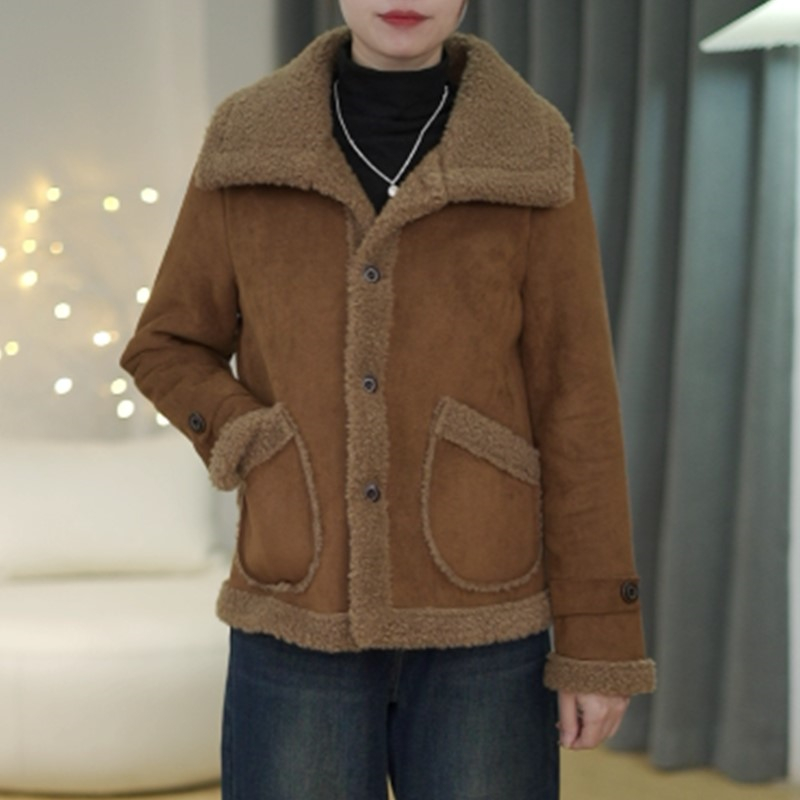 冬季加绒加厚外套女保暖单排扣子韩版时尚百搭翻领女士短款开衫