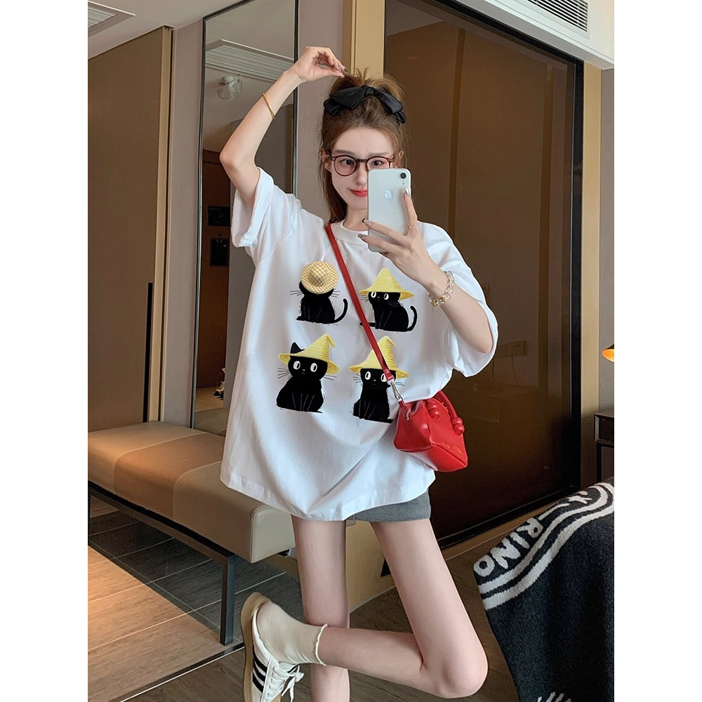 夏季宽松印花纯棉时尚休闲减龄夏装百搭圆领网红洋气韩版卡通