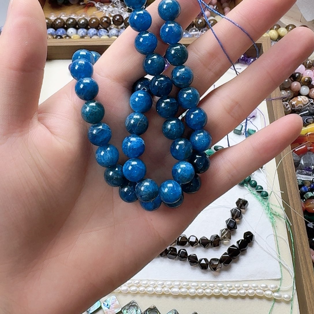 未镶嵌玛瑙/玉髓珠宝半成品卡10蓝磷辉圆珠一条