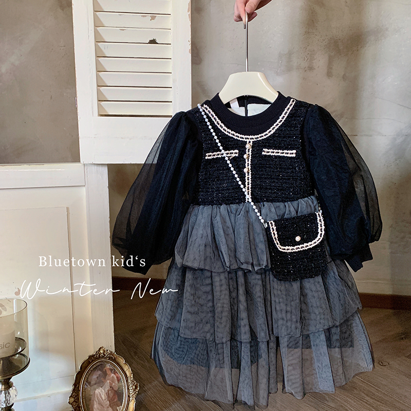 【本妈】秋冬 "夜曲"女童气质小香加绒加厚网纱拼接蛋糕裙2322 19‘9