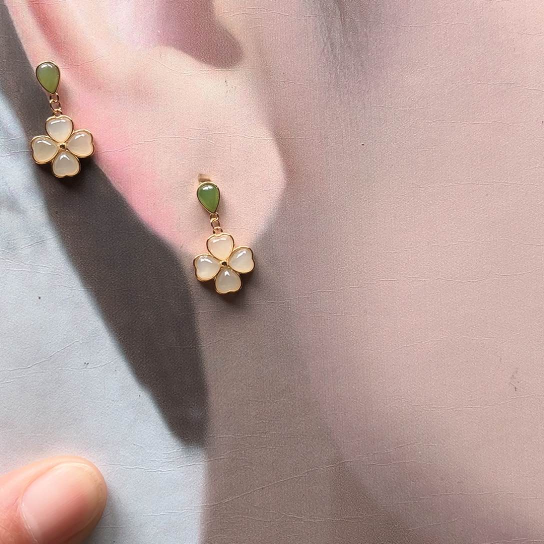 和田玉耳饰银S925镶嵌