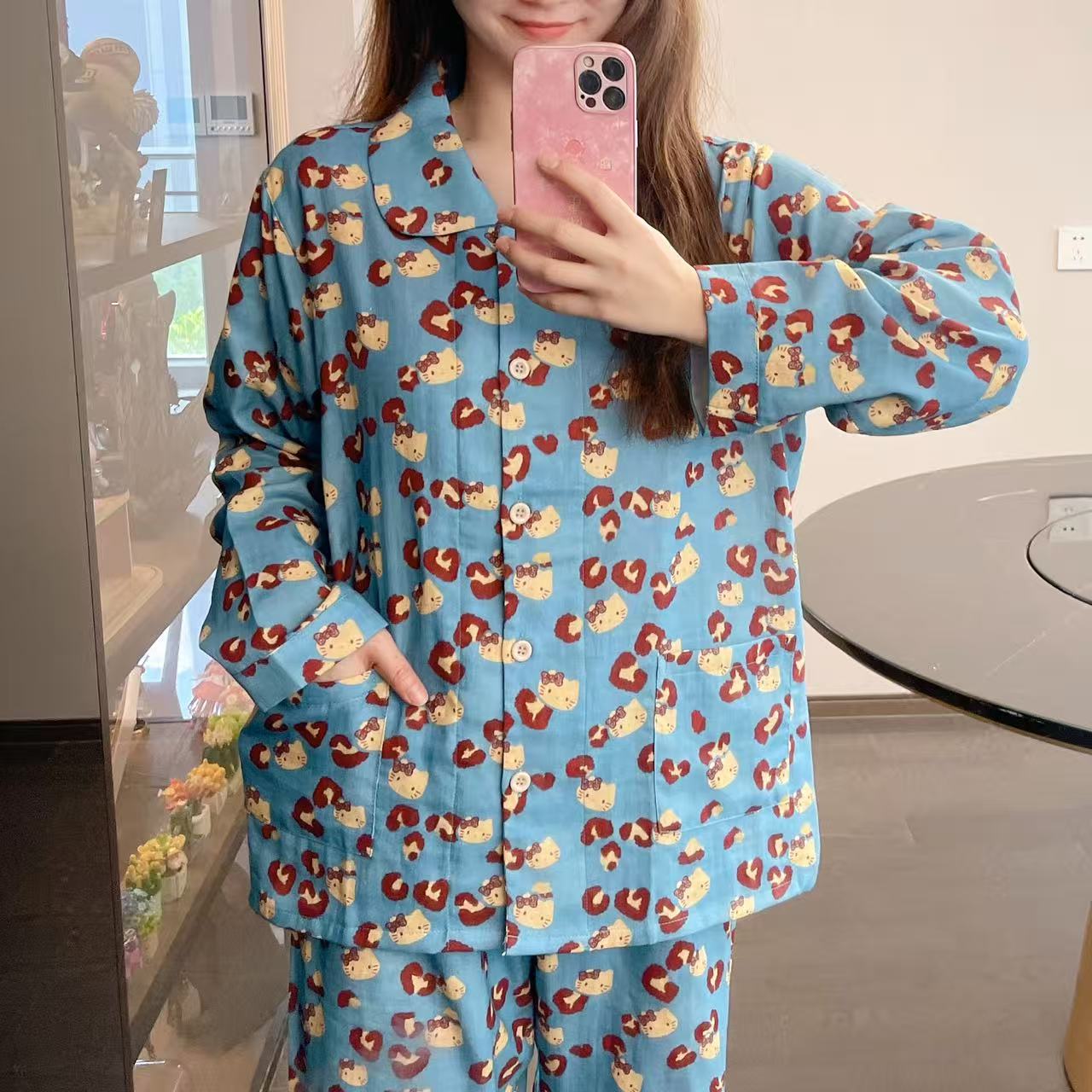 【禾昊嘉仪】纯棉双层纱升级版翻领长袖套装全棉精梳棉睡衣居家服