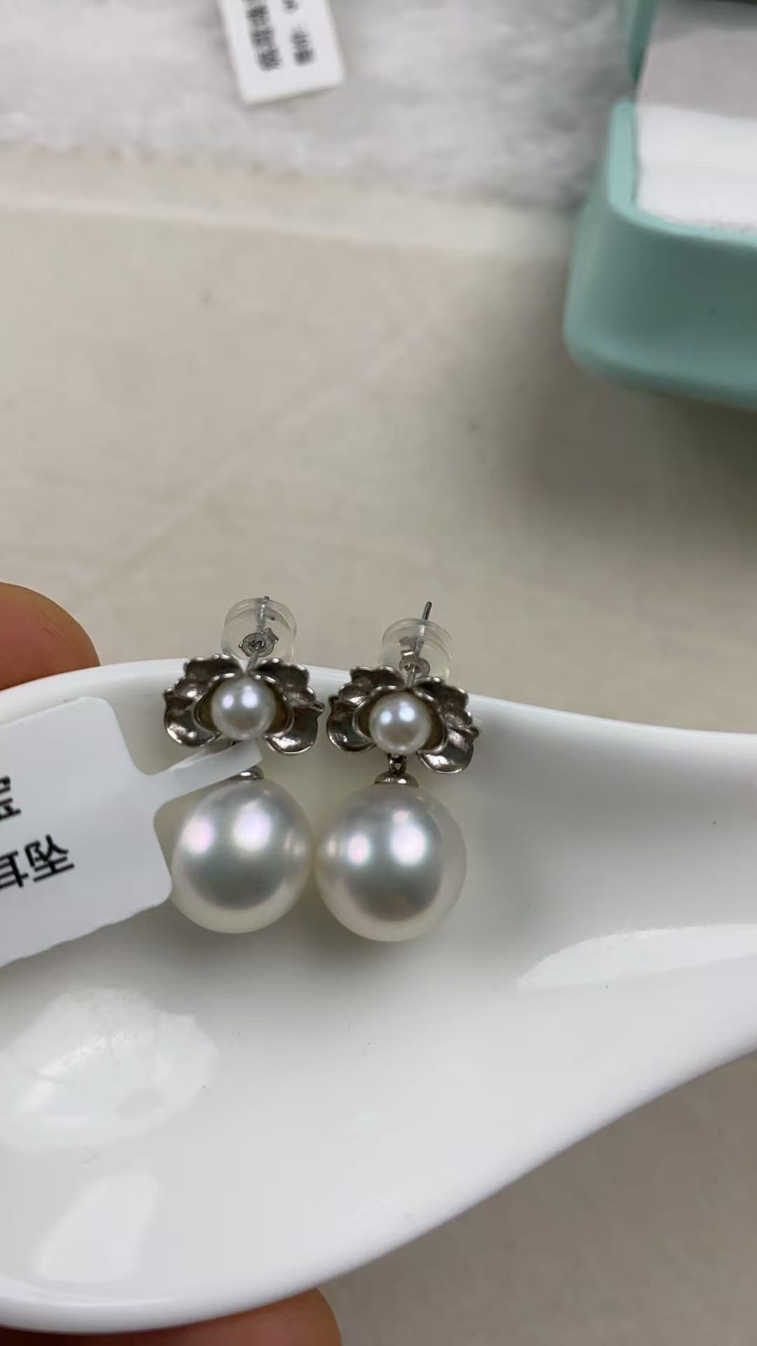 海水珍珠澳白耳钉，11mm,18k,古风