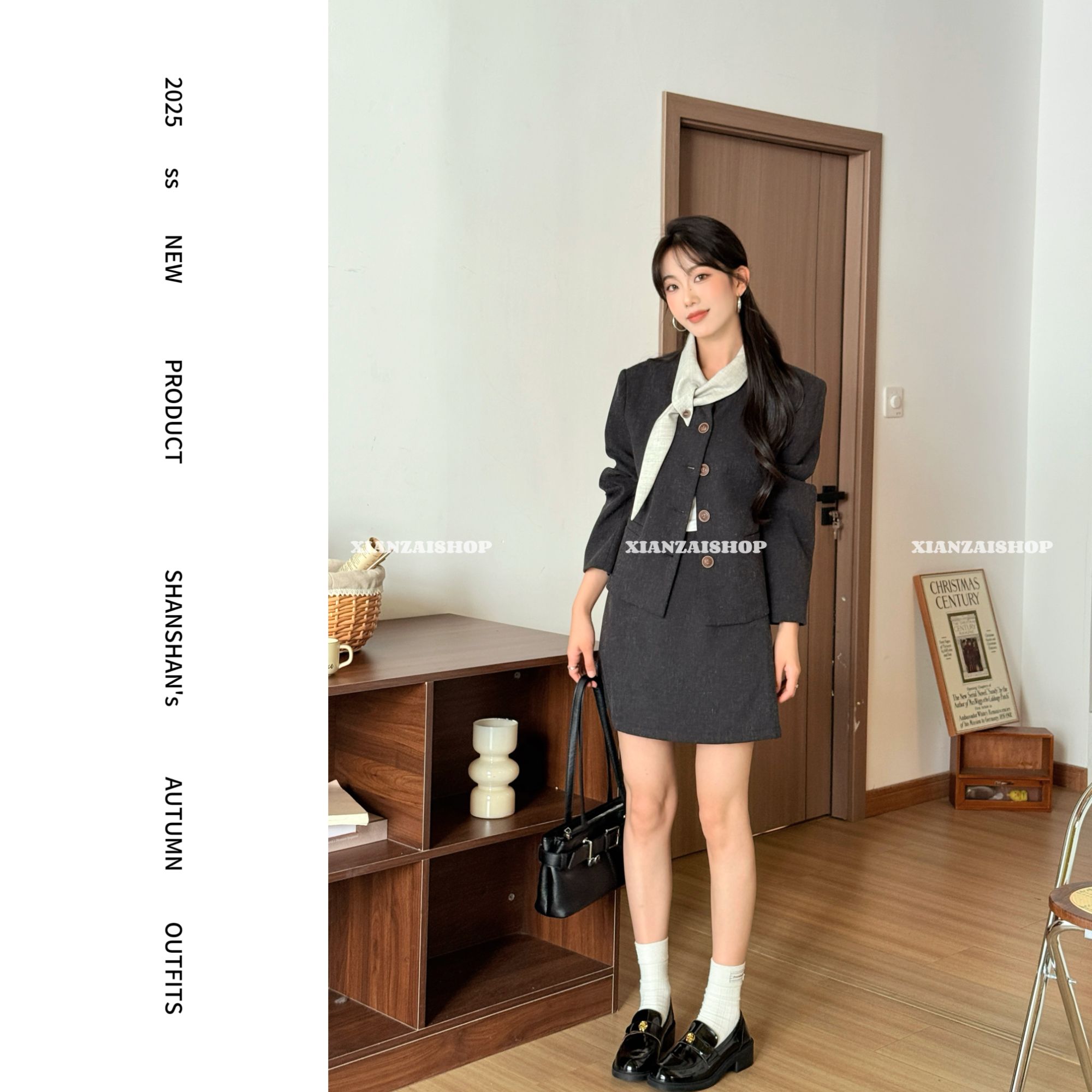 XIANZAI【留洋大小姐】秋冬反季雅丹小香风西装外套半身裙两件套装