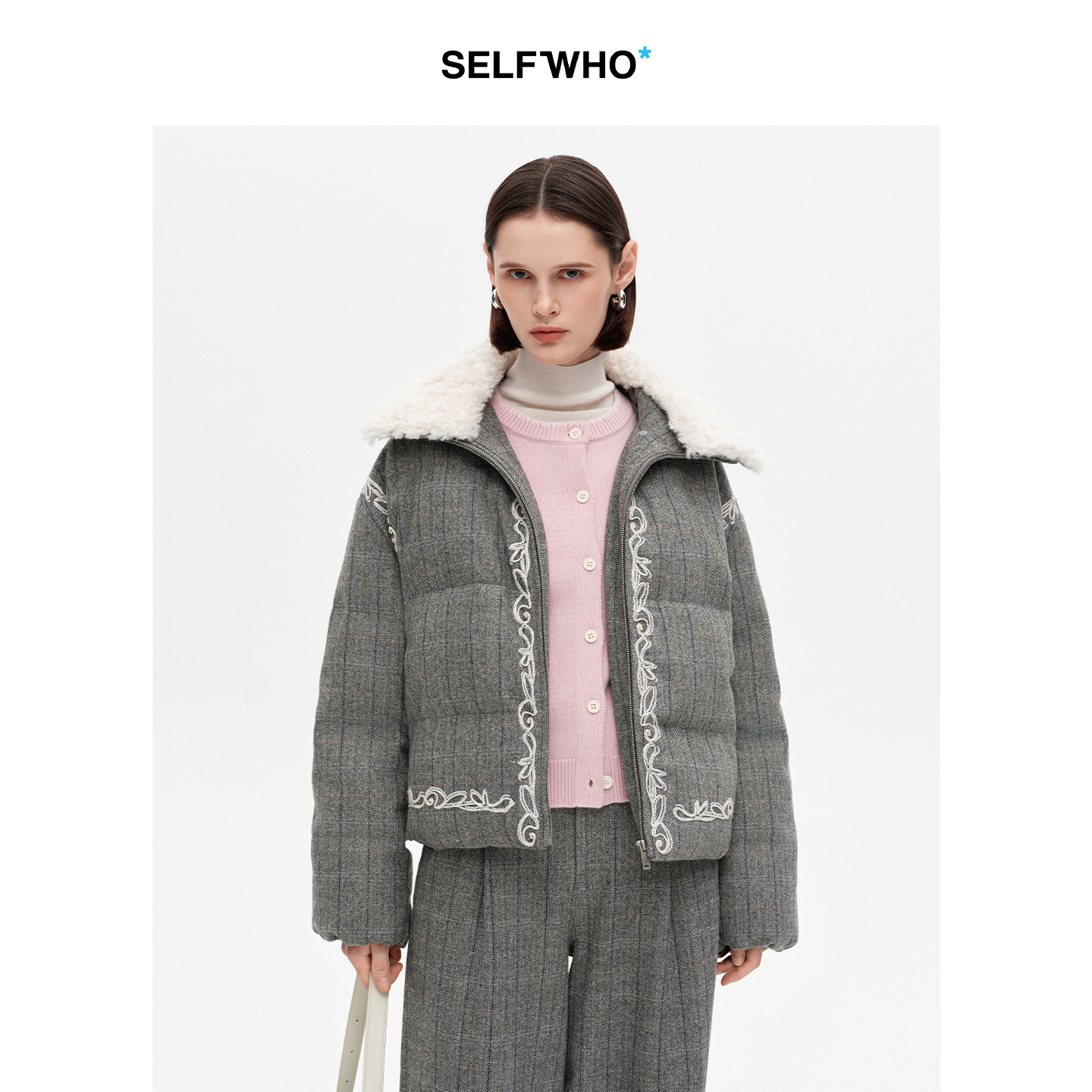 SELFWHO90白鸭绒花边刺绣钉珠羽绒服女2025冬季新款毛织翻领外套
