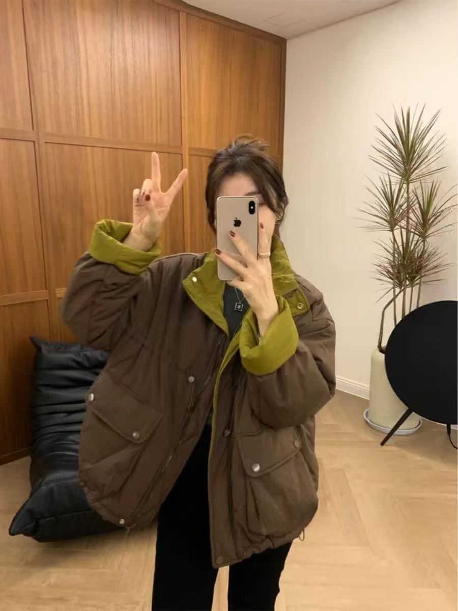 【大码女装】立领长袖宽松大码宽松型棉服时尚韩版撞色通勤