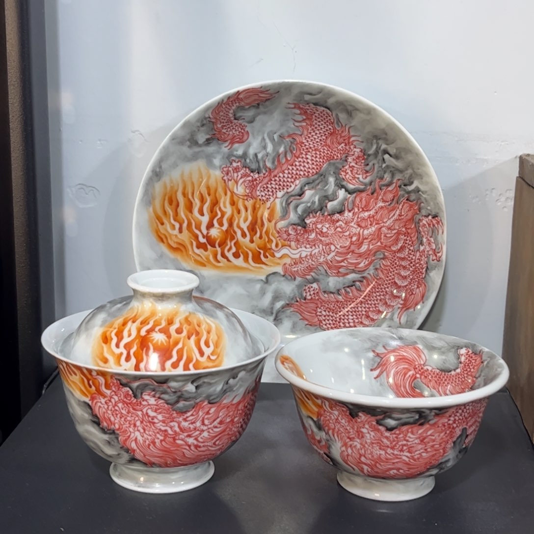 墨彩矾红龙纹三件套 可拆分