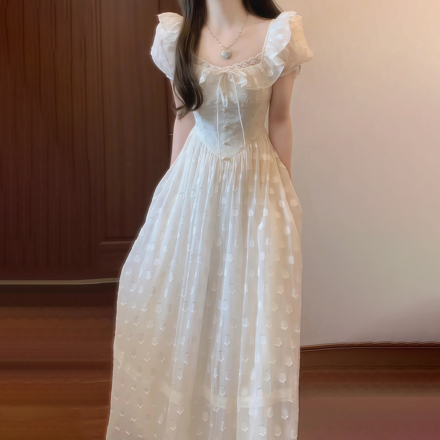 【现货+运补】法式气质白月光温柔绝美荷叶边漂亮掐腰长裙4582