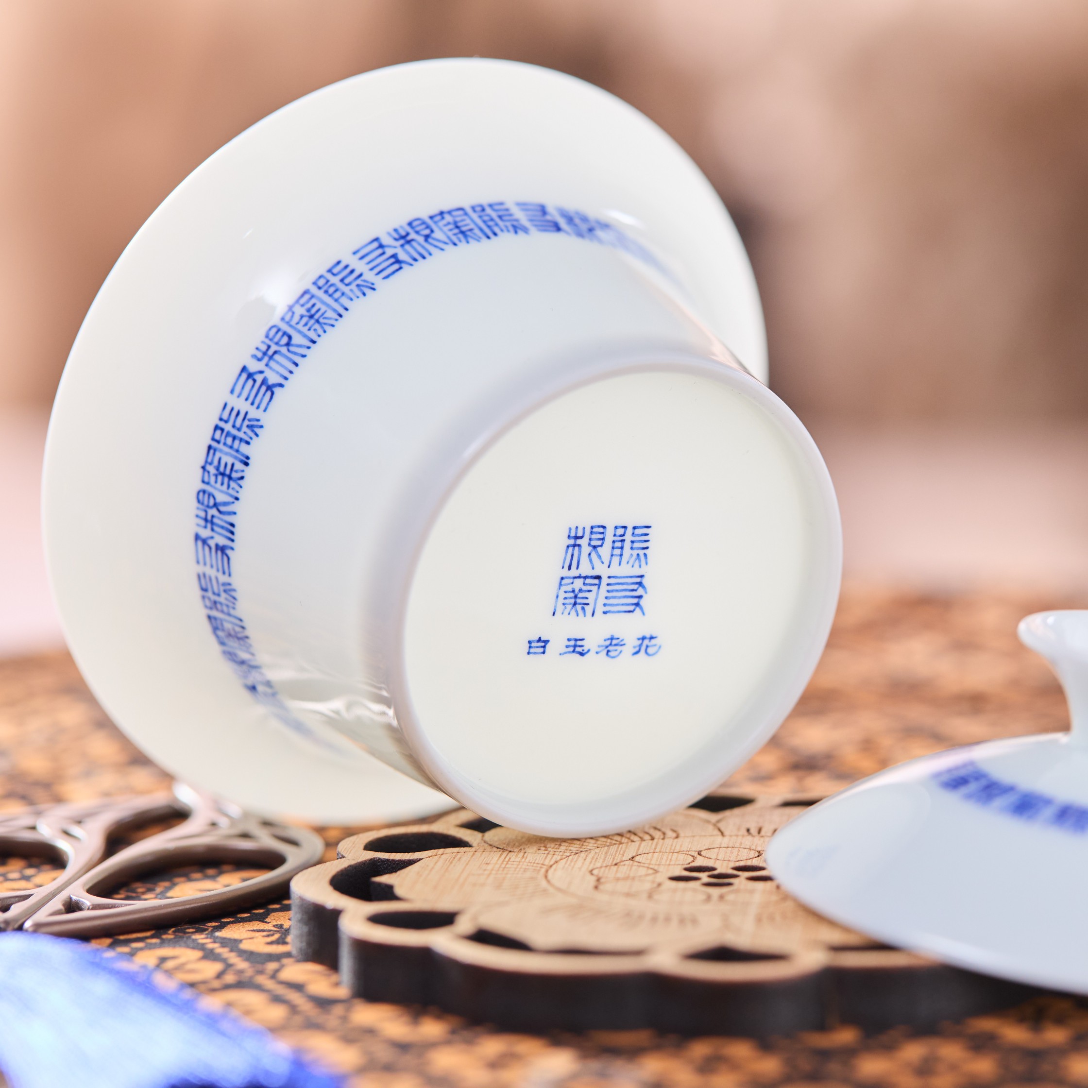 熊友根窑白瓷老花青花手绘盖碗手工创意带盖茶道陶瓷高档