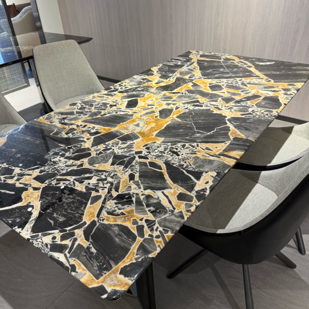 现代宝格丽奢石长餐桌1.8米+高亮光不锈钢腿