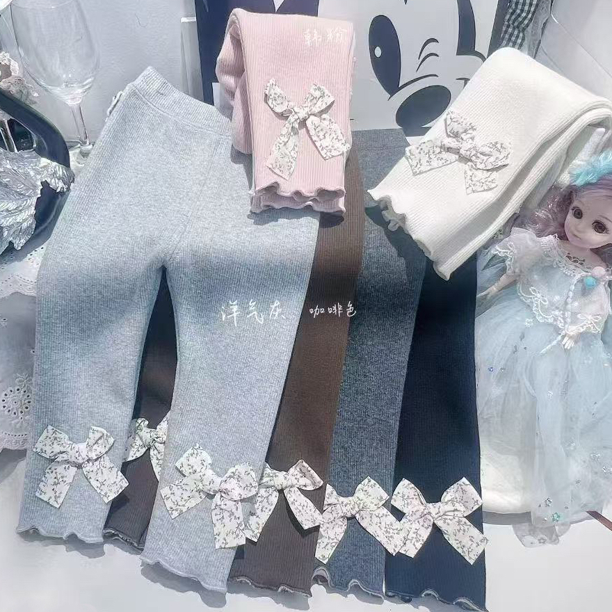 童装女童打底裤秋冬季儿童女宝宝碎花蝴蝶结复合一体绒长裤子外穿