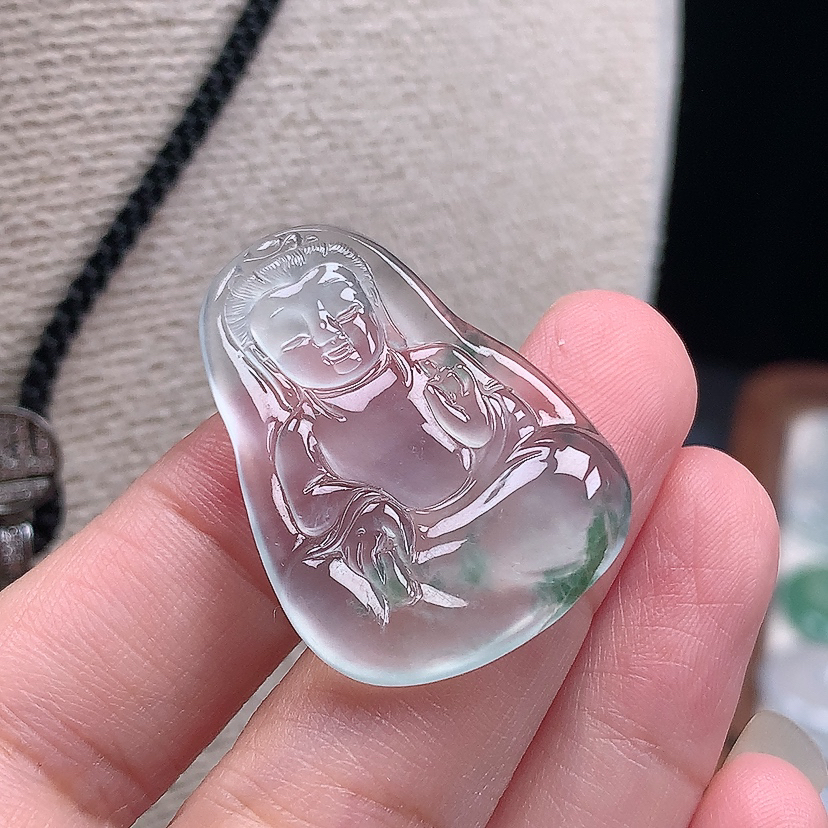 缅甸天然翡翠A货玉石高冰飘花观音牌吊坠32.4*23.2*4.2mm