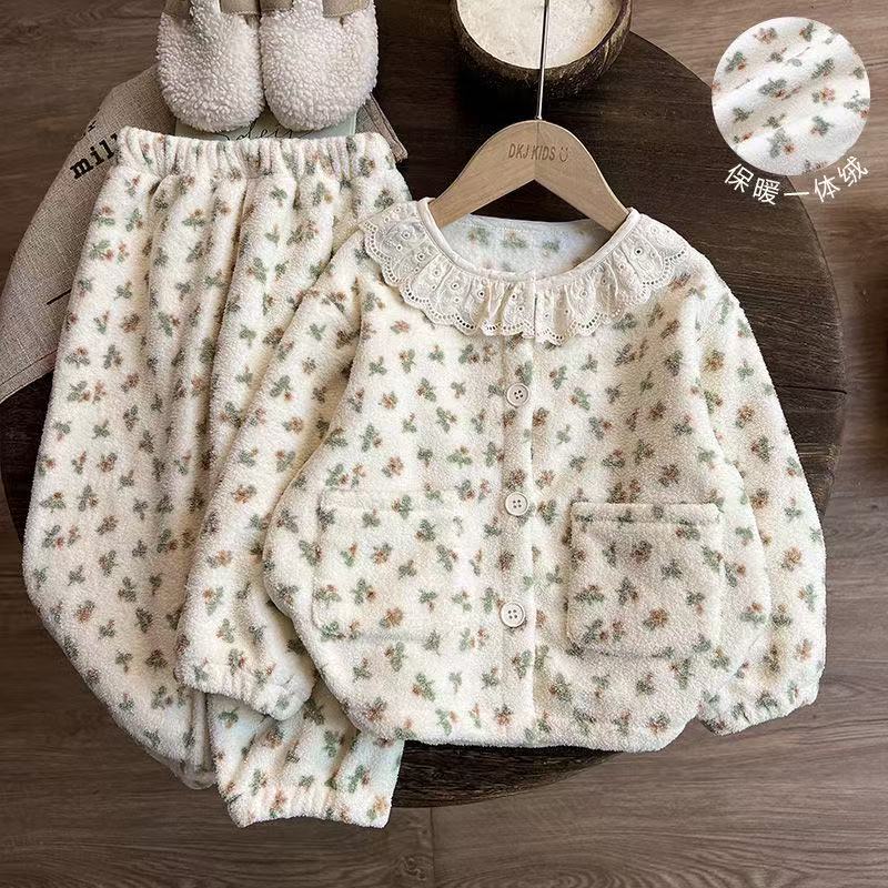 儿童睡衣套装秋冬款女孩女童保暖加厚珊瑚绒女宝宝加绒家居服冬季