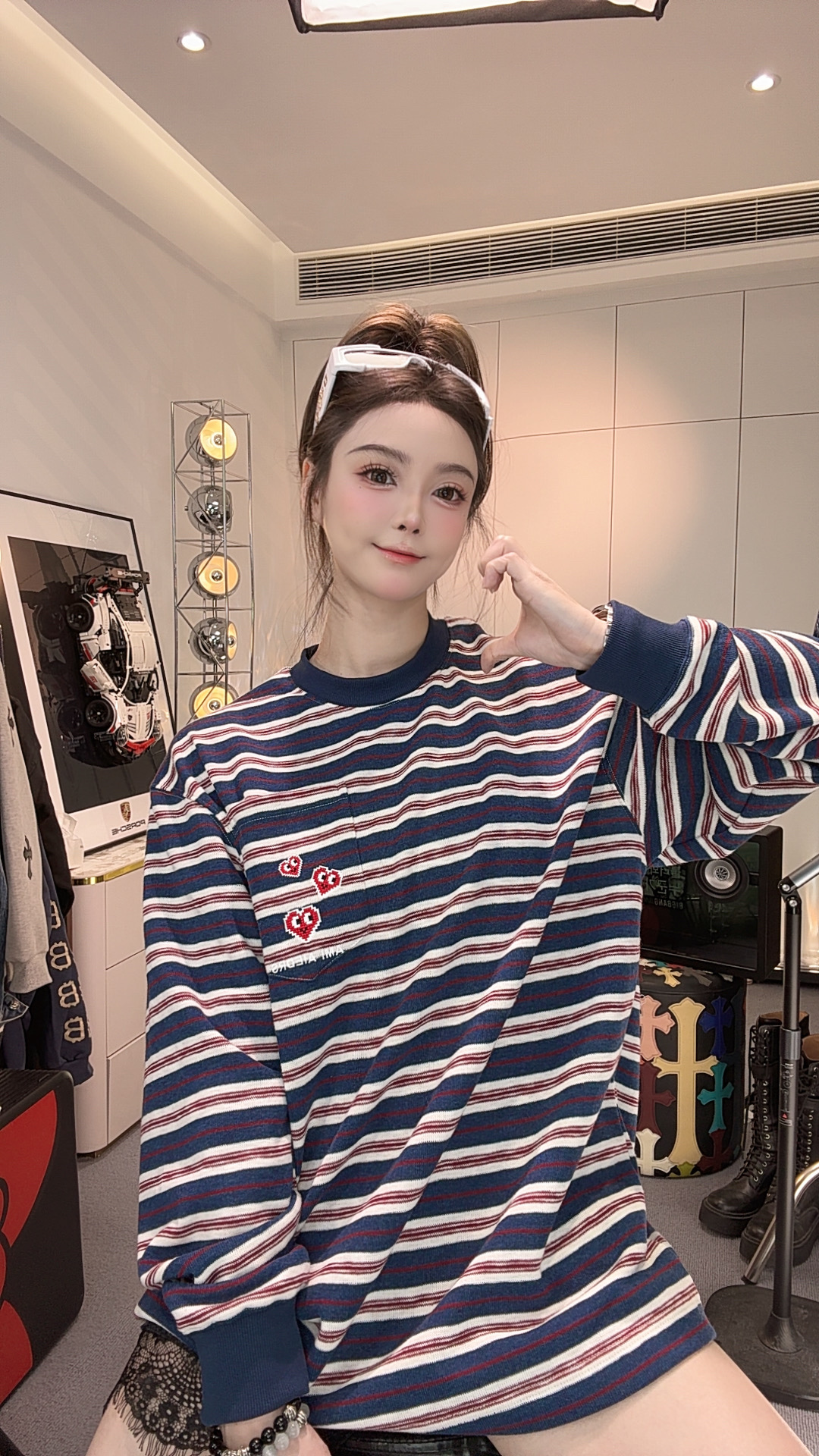 钱【条纹小爱心T恤】男女同款，情侣款纯棉长袖T恤