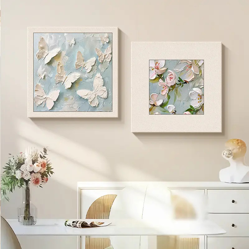 奶油风餐厅装饰画正方形餐桌背景墙挂画客厅背景墙双联壁画卧室画