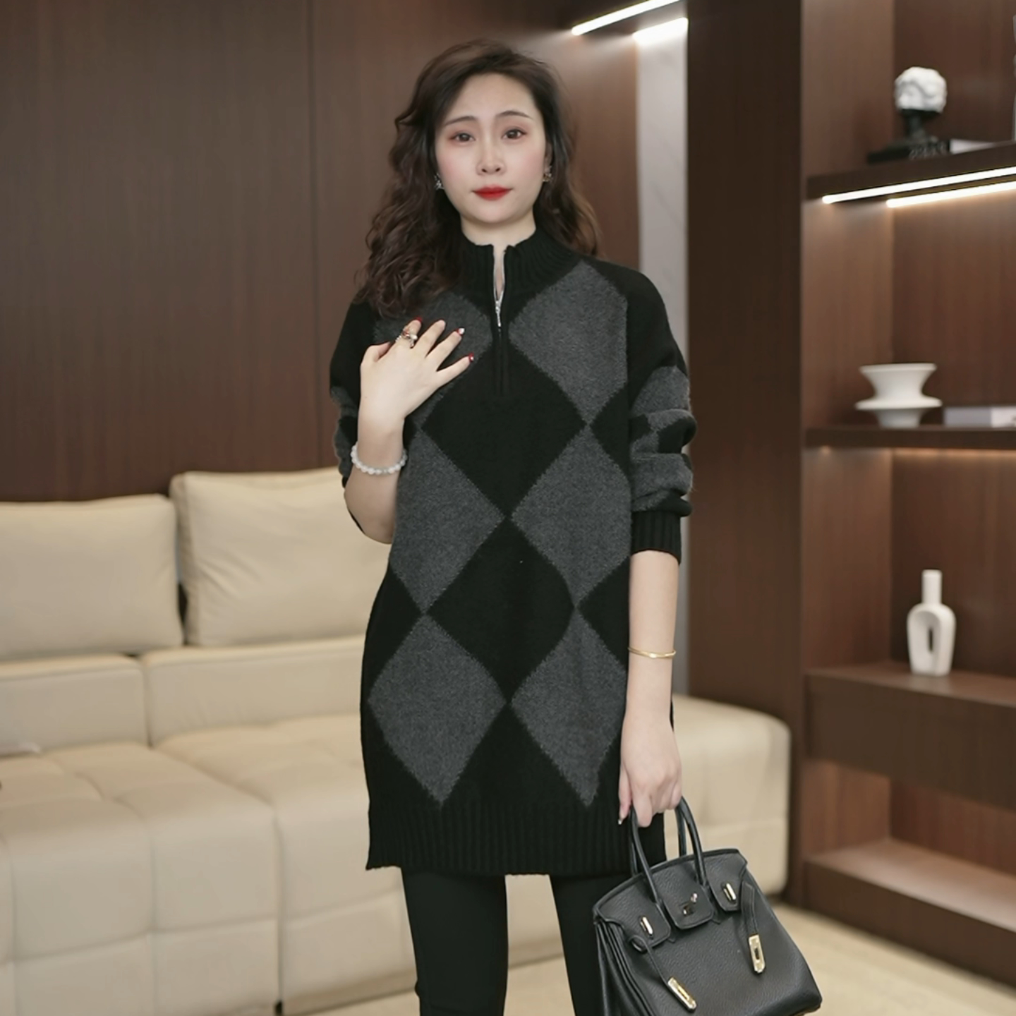 高级感宽松洋气拉链毛衣女2025秋冬大码中长款遮肉针织衫上衣3635