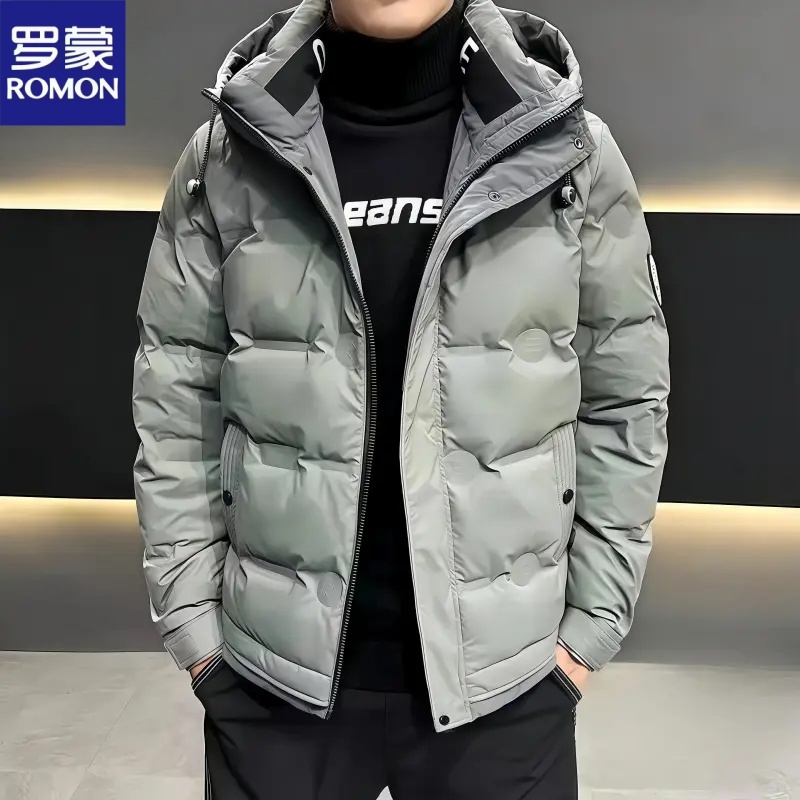 Romon/罗蒙冬季休闲保暖短款时尚立领连帽年轻短款男士冬装羽绒服