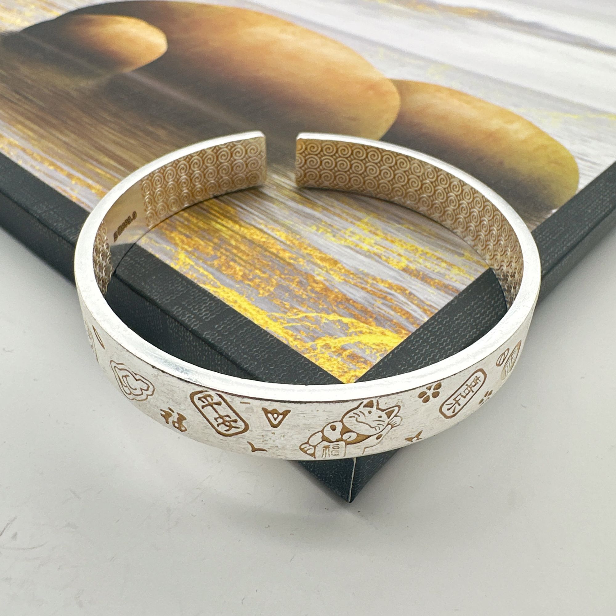 足银手镯 足银999.9手镯 1号开口描金平安喜乐招财猫精美实心镯子