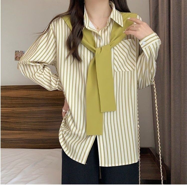 秋季潮流穿搭学院风拼接披肩假两件条纹口袋衬衫宽松洋气衬衣