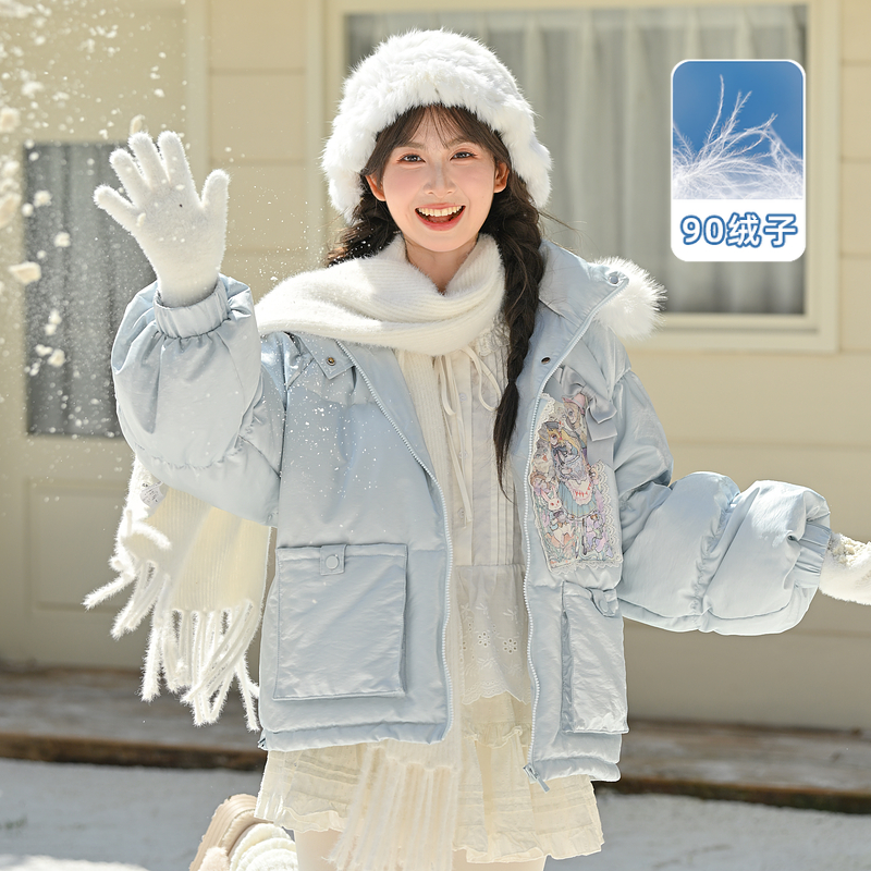 森女部落甜美风90白鸭绒羽绒服女新款童话设计感宽松连帽外套冬季