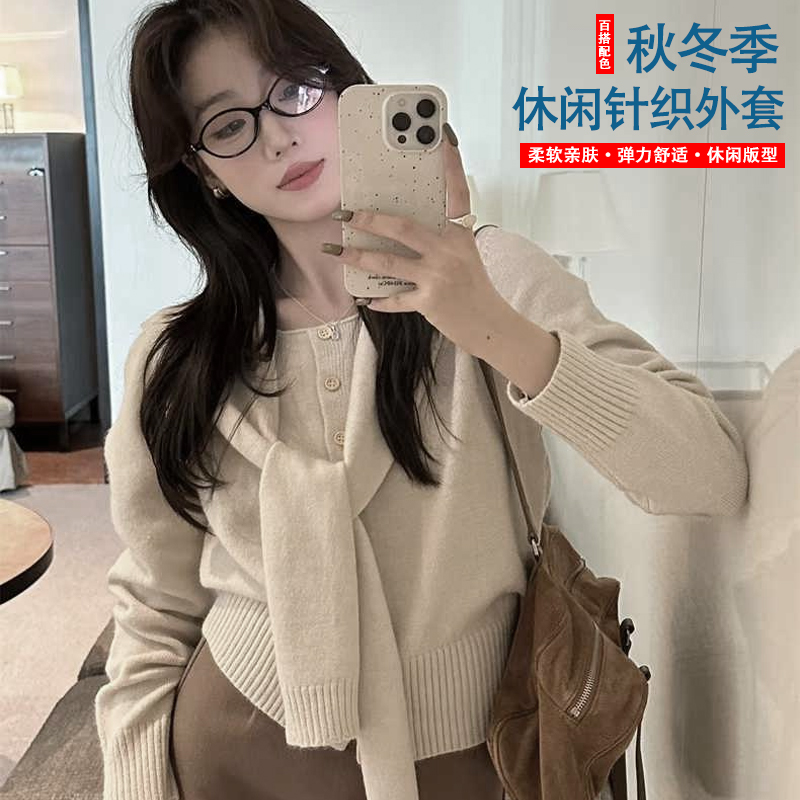 轻熟风休闲风女拼接针织毛针织衫亲肤宽松柔软春秋