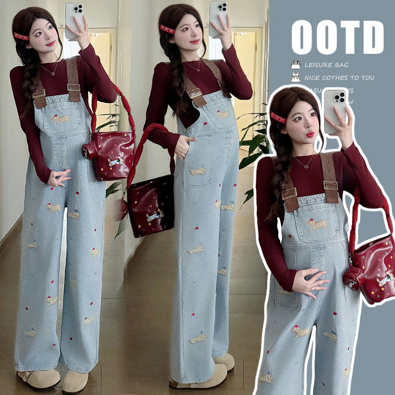 孕妇套装2025爆款春季腊肠狗刺绣孕妇牛仔背带裤百搭打底上衣春装