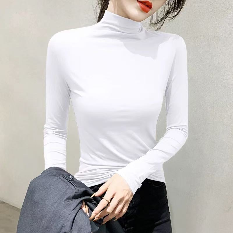 1373 GZV1半高领打底衫女春秋内搭修身面膜长袖t恤中领薄款上衣