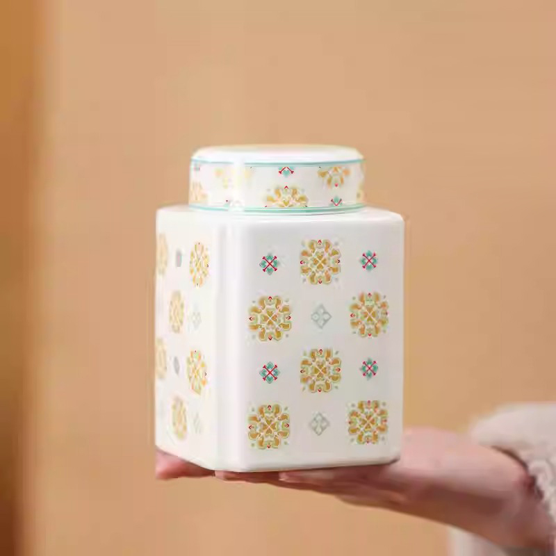 【大号茶叶罐】宝相花四方茶叶罐陶瓷储物罐家用普洱红茶中式茶罐