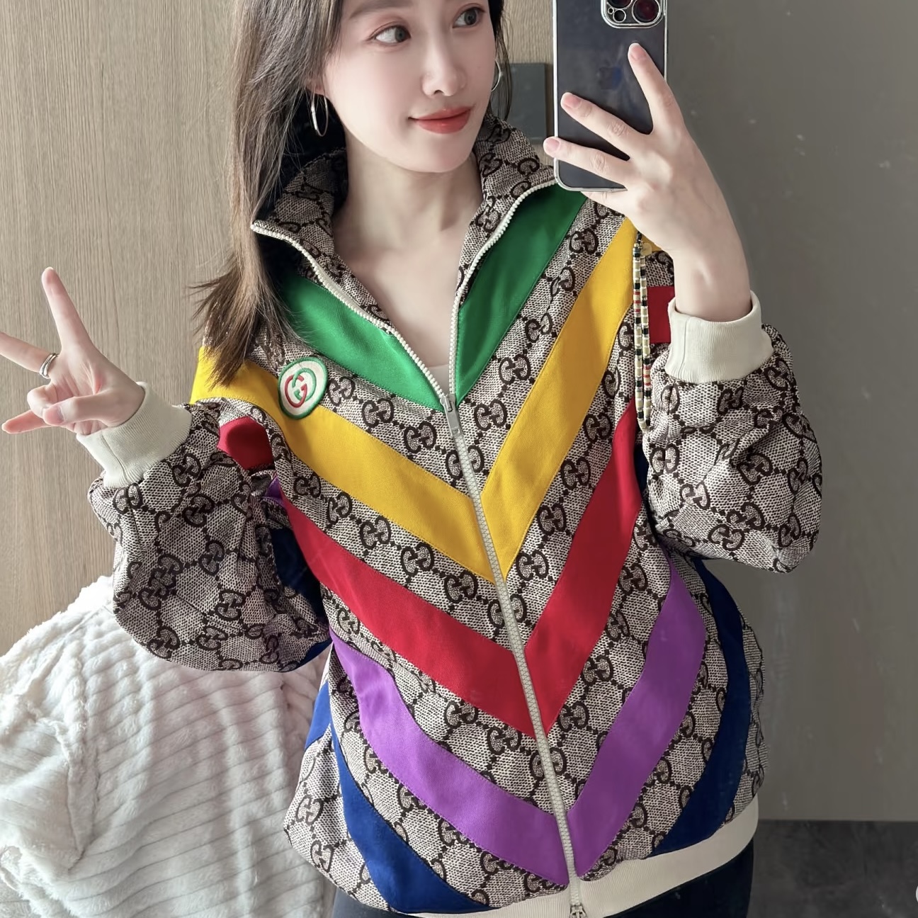 99新 GUCCI/古驰 彩虹条纹老花满印夹克/XS码