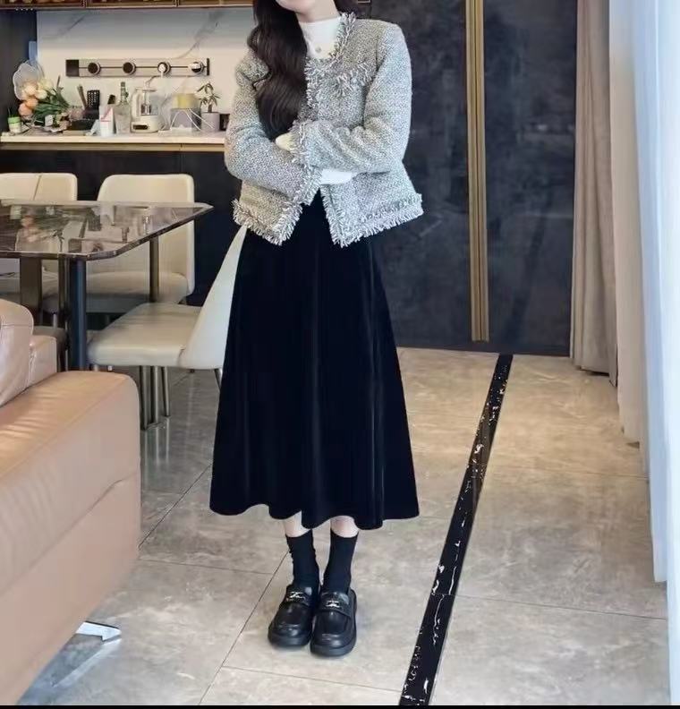 aBL滨莉家【836-1】时尚百搭加绒丝绒大摆裙