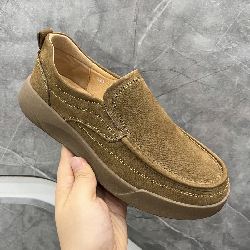 休闲皮鞋男春季磨砂皮一脚蹬乐福鞋真皮复古软底头层牛皮男鞋520