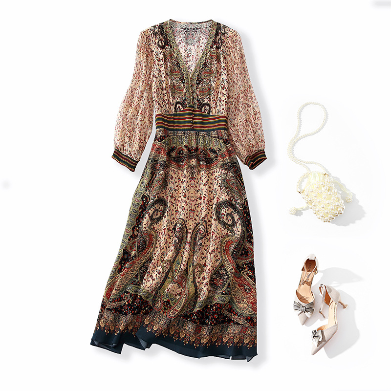 【火火精选】“雅典娜女神”设计师款V领轻奢优雅桑蚕丝连衣裙80008