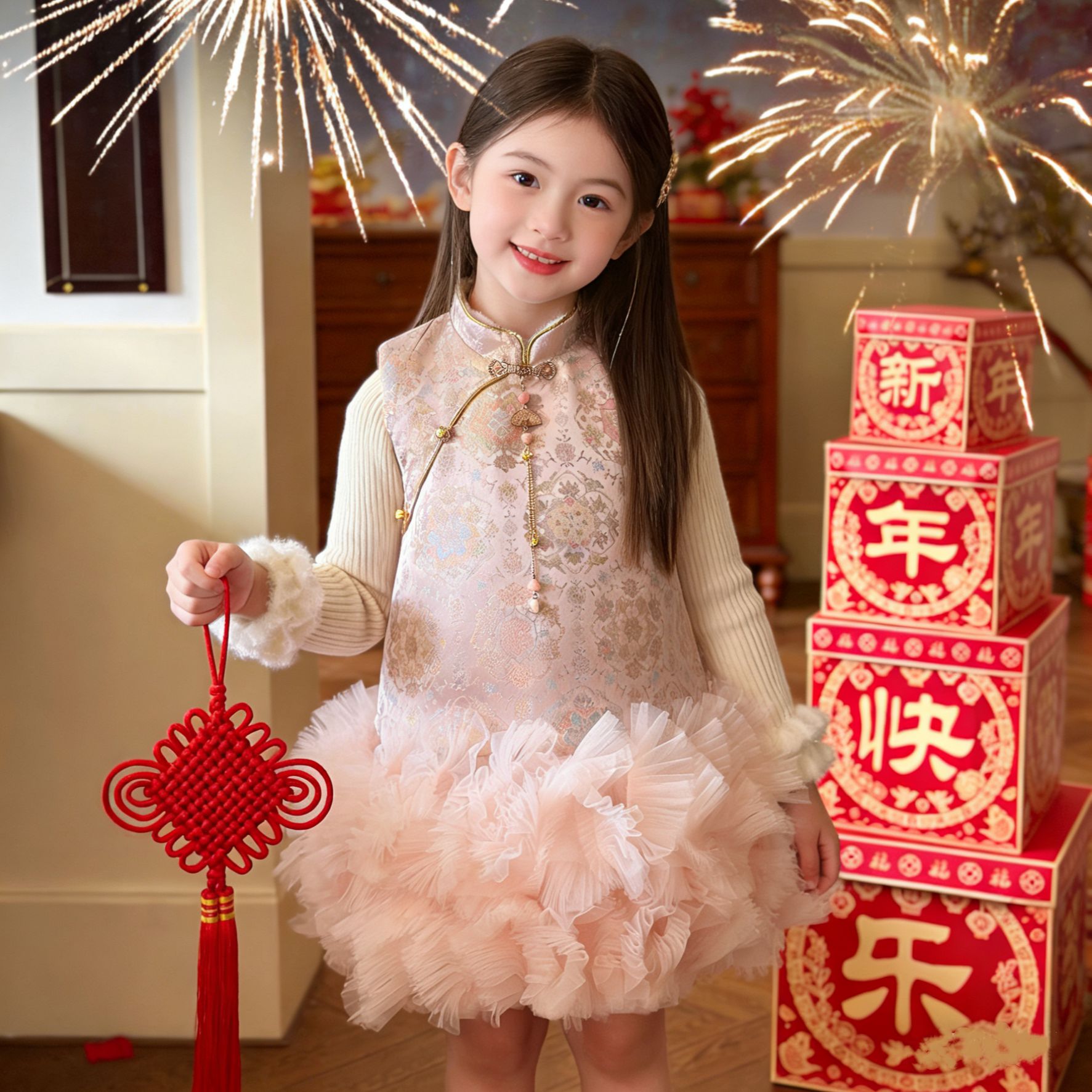 2025冬季儿童洋气拼接网纱连衣裙高级女童新中式夹棉背心裙