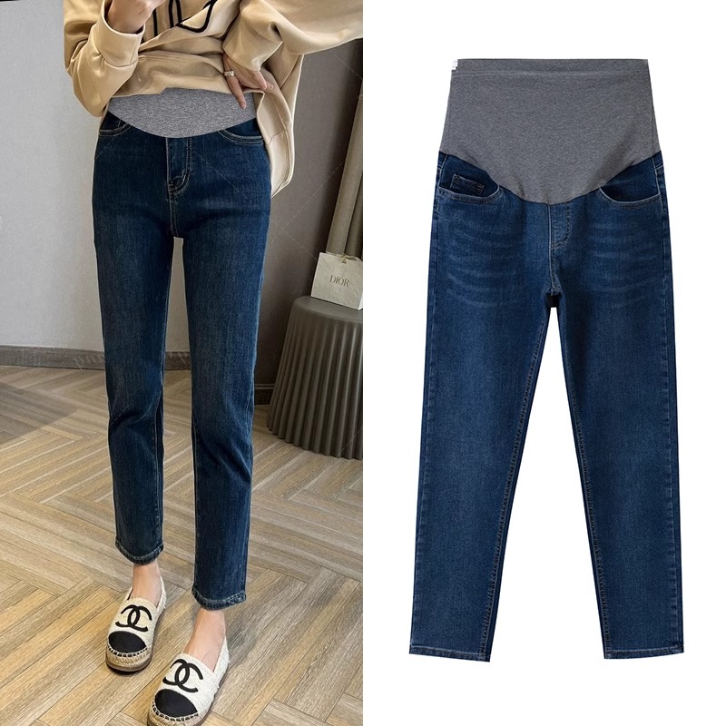 孕妇裤子春秋托腹直筒牛仔裤烟管裤外穿秋冬加厚加绒九分法棍裤